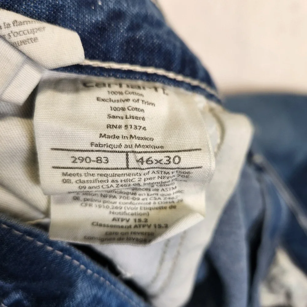 Carhartt FR Jeans‎ Mens 46x30 Blue Denim Relaxed Fit Workwear Grunge Distressed